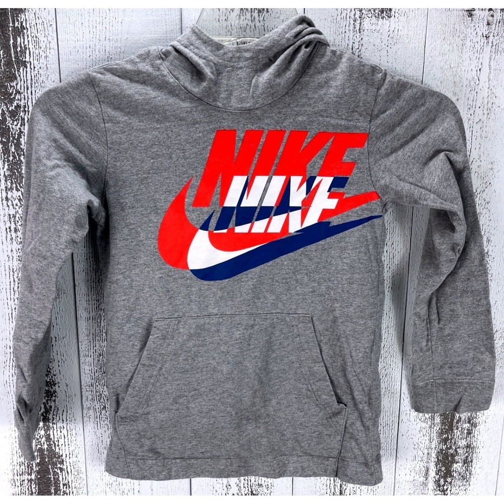 Nike Boys Small Gray Red Blue Triple Logo Long Sleeve Hooded T-Shirt BQ8398-063